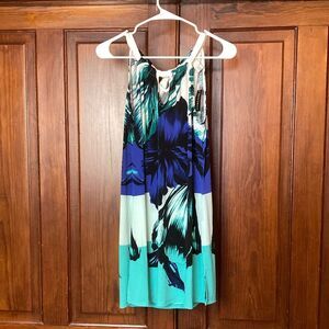 White House Black Market Floral Blue Green Colorblock Sleeveless Tunic Dress S